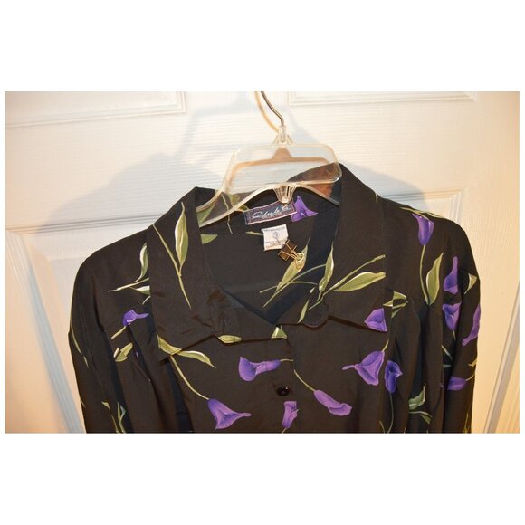 CLUB Z Collection Flowered Black Tunic Long Blouse Women's Top Long Sleeve Sz 2X - Picture 2 of 4